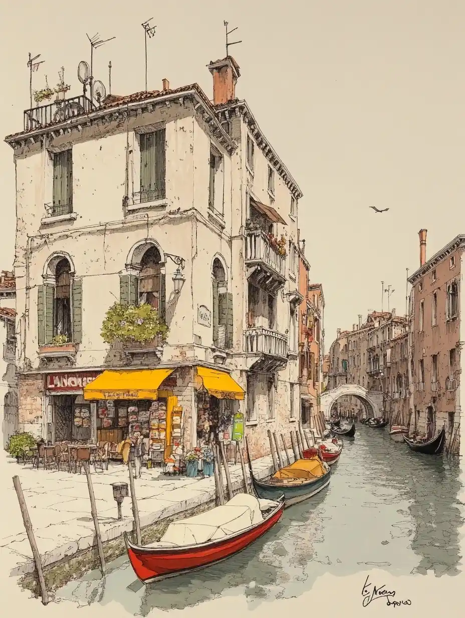 Venetian Canals Sketch Scene Midjourney提示词
