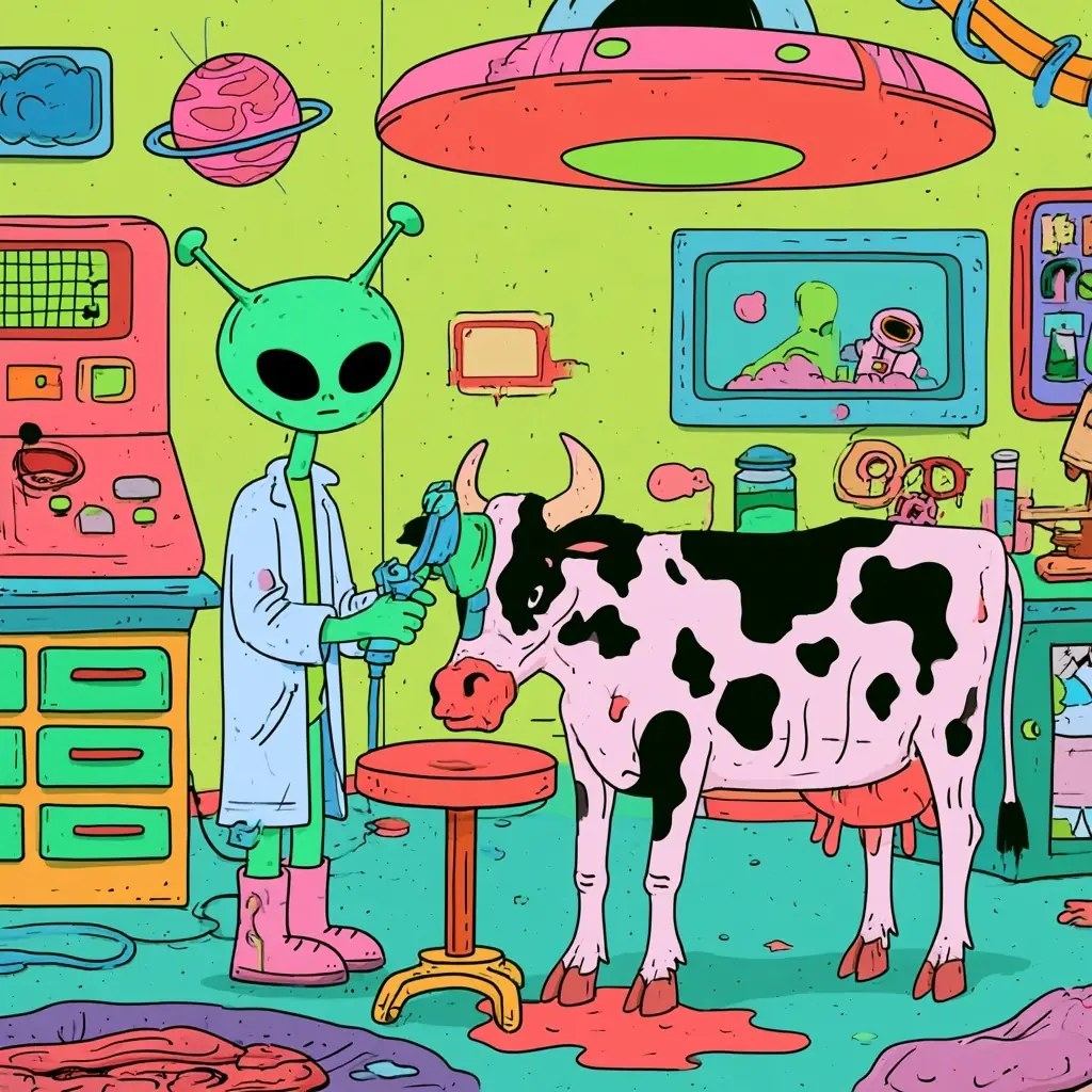 Kidcore Alien Probing Cow Midjourney提示词