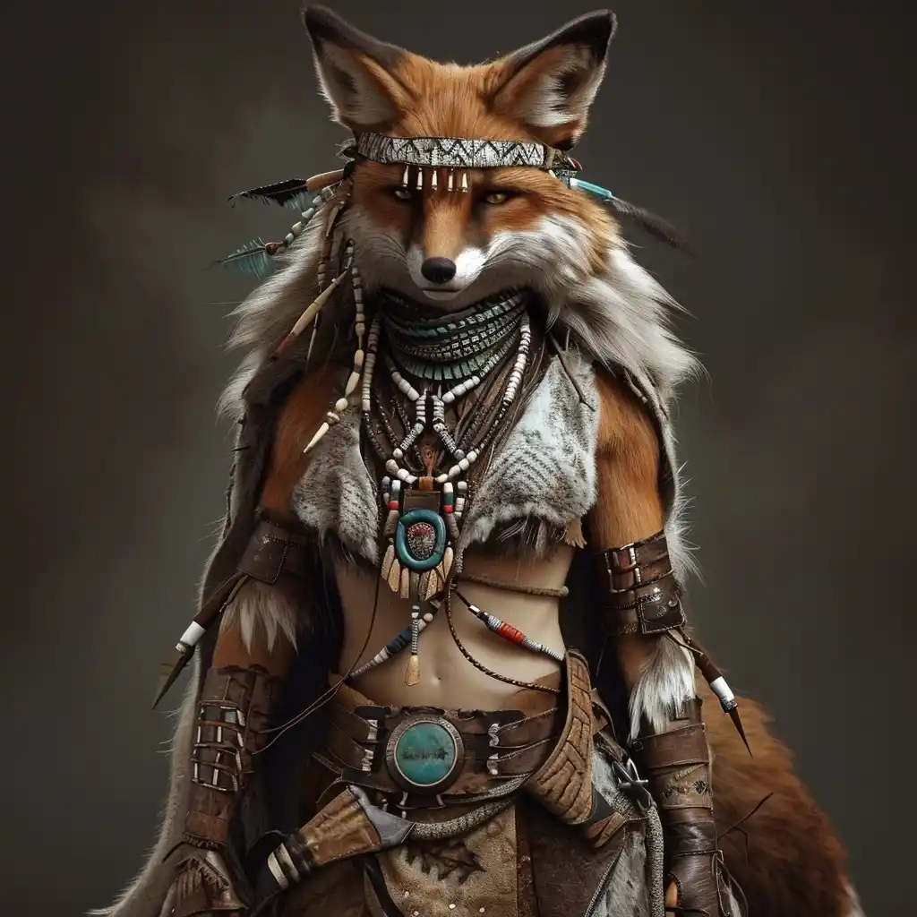 Fox Warrior in Native Attire Midjourney提示词