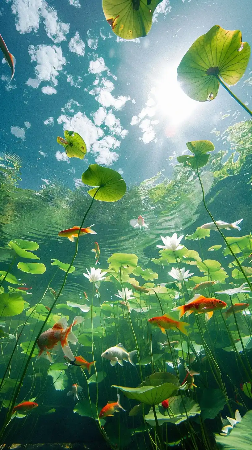 Vibrant Lotus Pond Scene Midjourney提示词