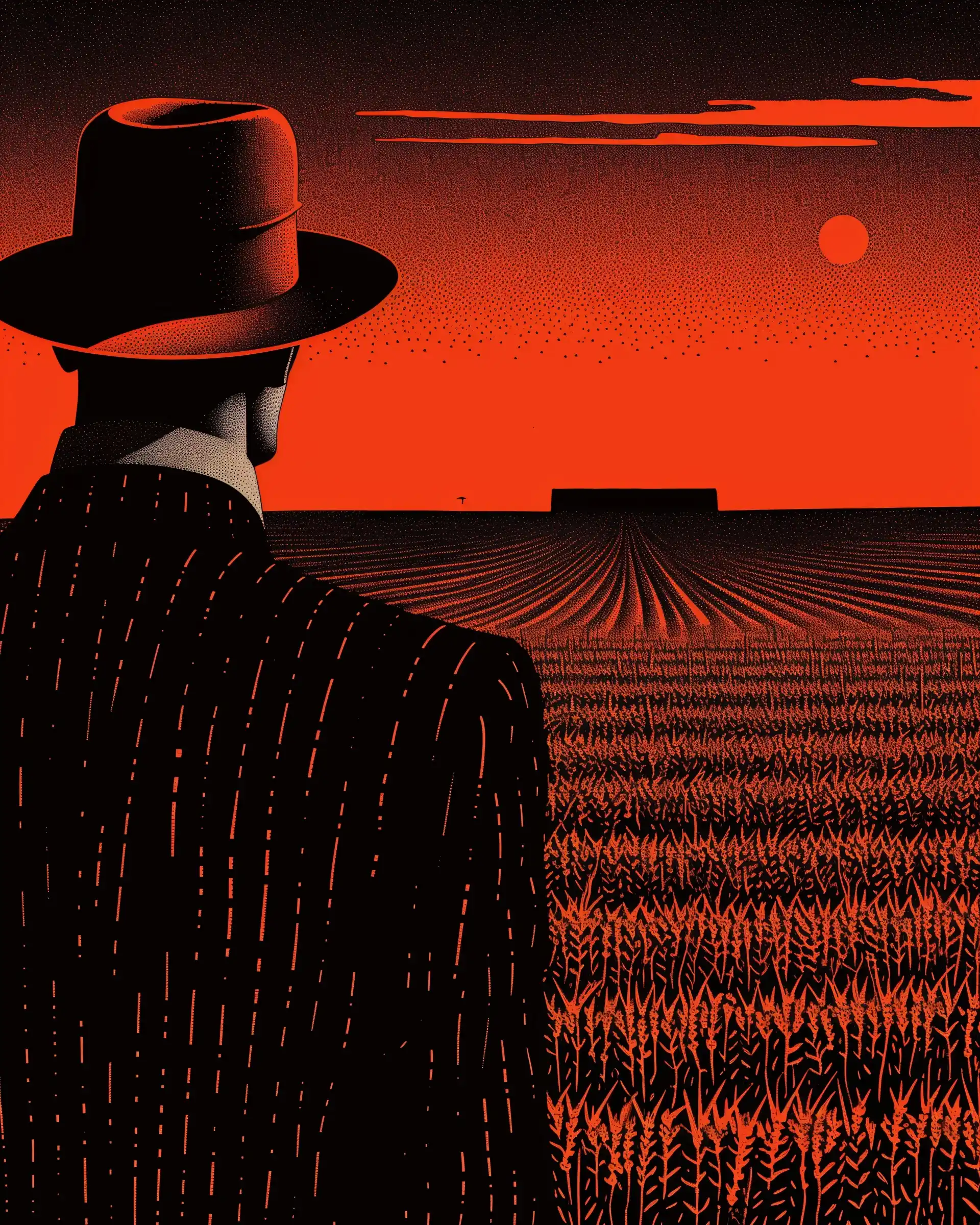Surreal Hat Man in Cornfield Midjourney提示词