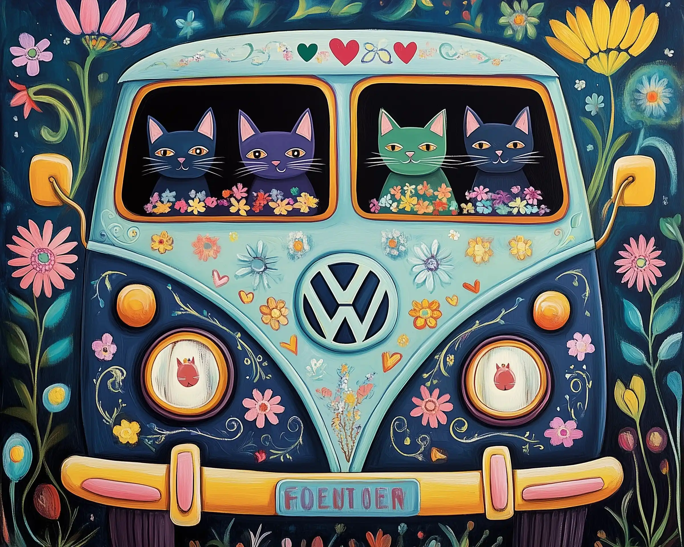 Psychedelic VW Van Cats Midjourney提示词
