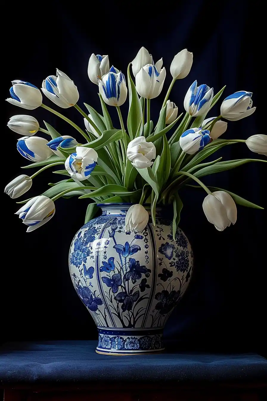 Blue Tulips in Delft Vase Midjourney 提示词生成效果