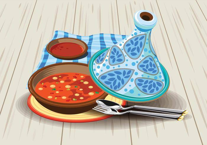 Sambal鸡Tajine的例证供食用橄榄，在一个土气美丽的Tagine罐
