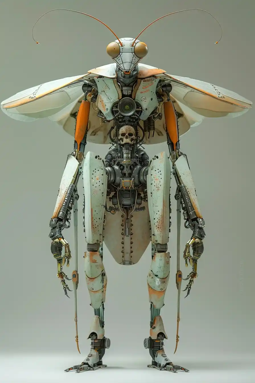 Cyborg Mantis Man Design Midjourney提示词