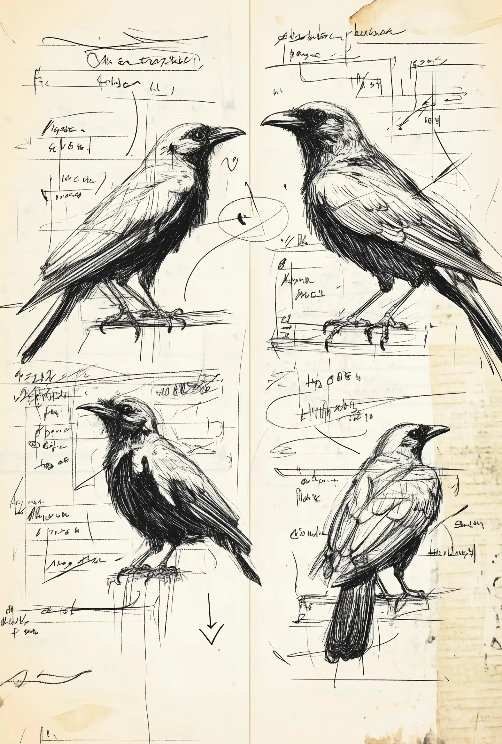 Sketch of Myna and Crow Midjourney提示词
