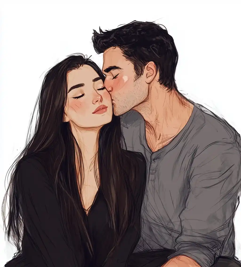 Doodle Couple Kissing Profile Midjourney提示词