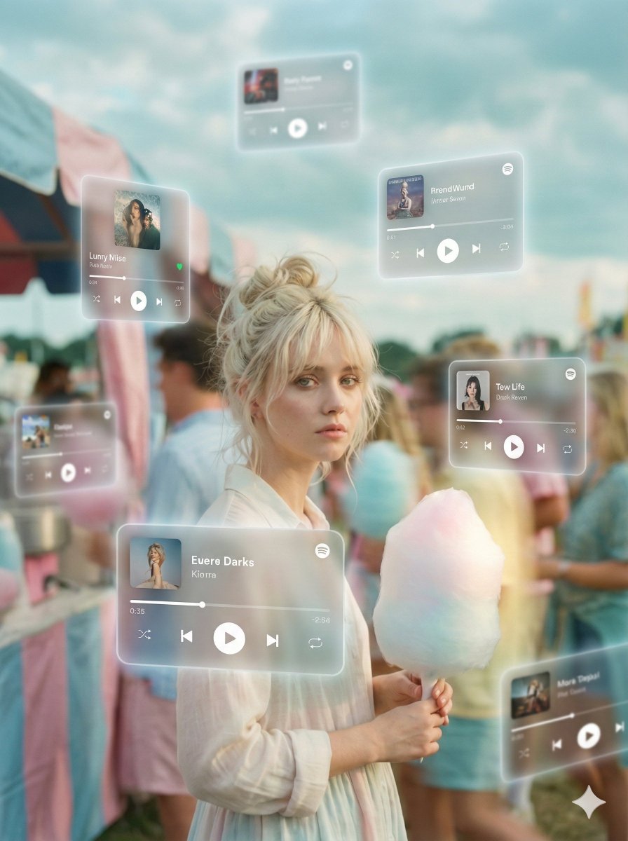 Photorealistic Portrait: Woman, Cotton Candy & AR Music UI Nano Banana提示词