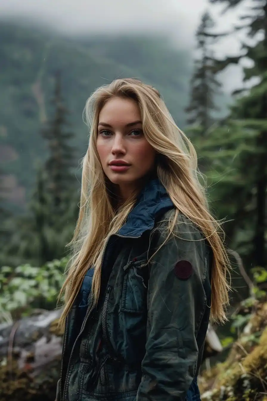 Blonde Model on Trail Midjourney提示词