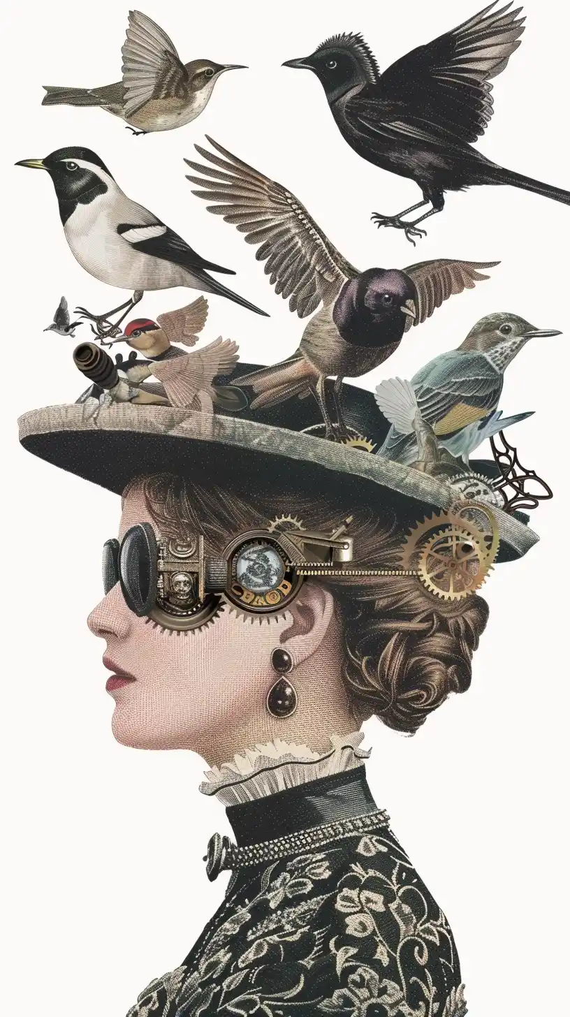 Steampunk Collage Birds White Midjourney提示词