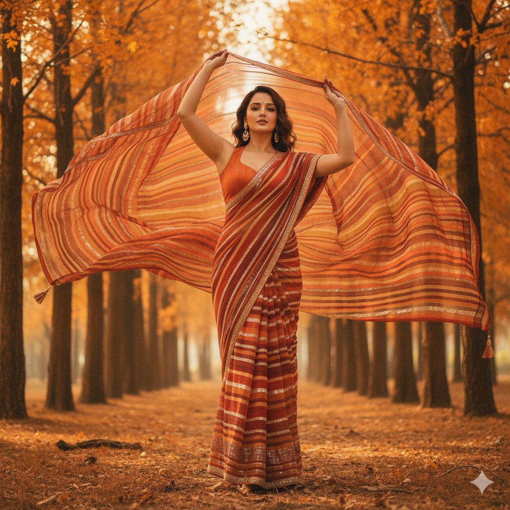 Indian Woman in Saree: Autumn Fashion Photography Nano Banana提示词