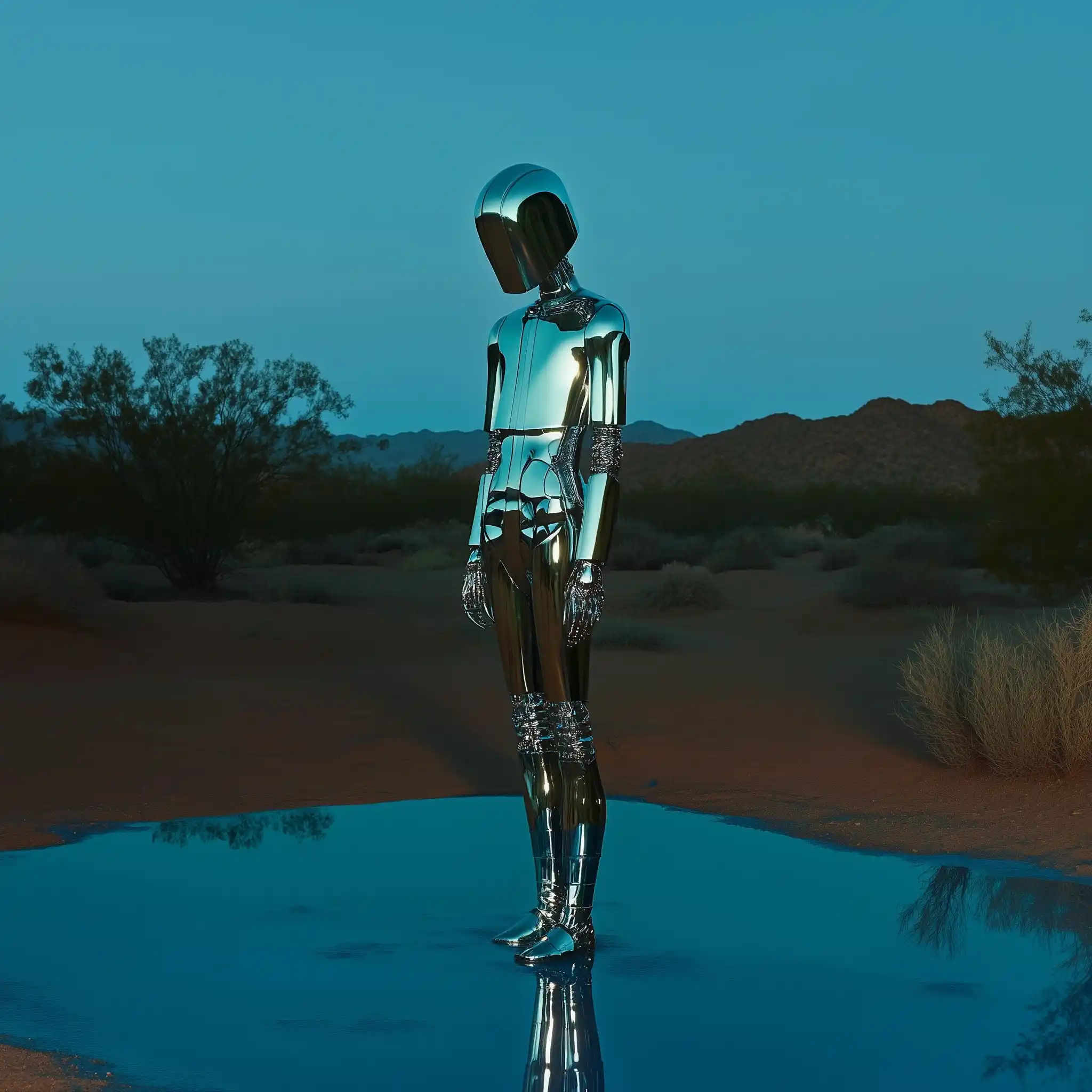 Chrome Robot in Desert Midjourney提示词