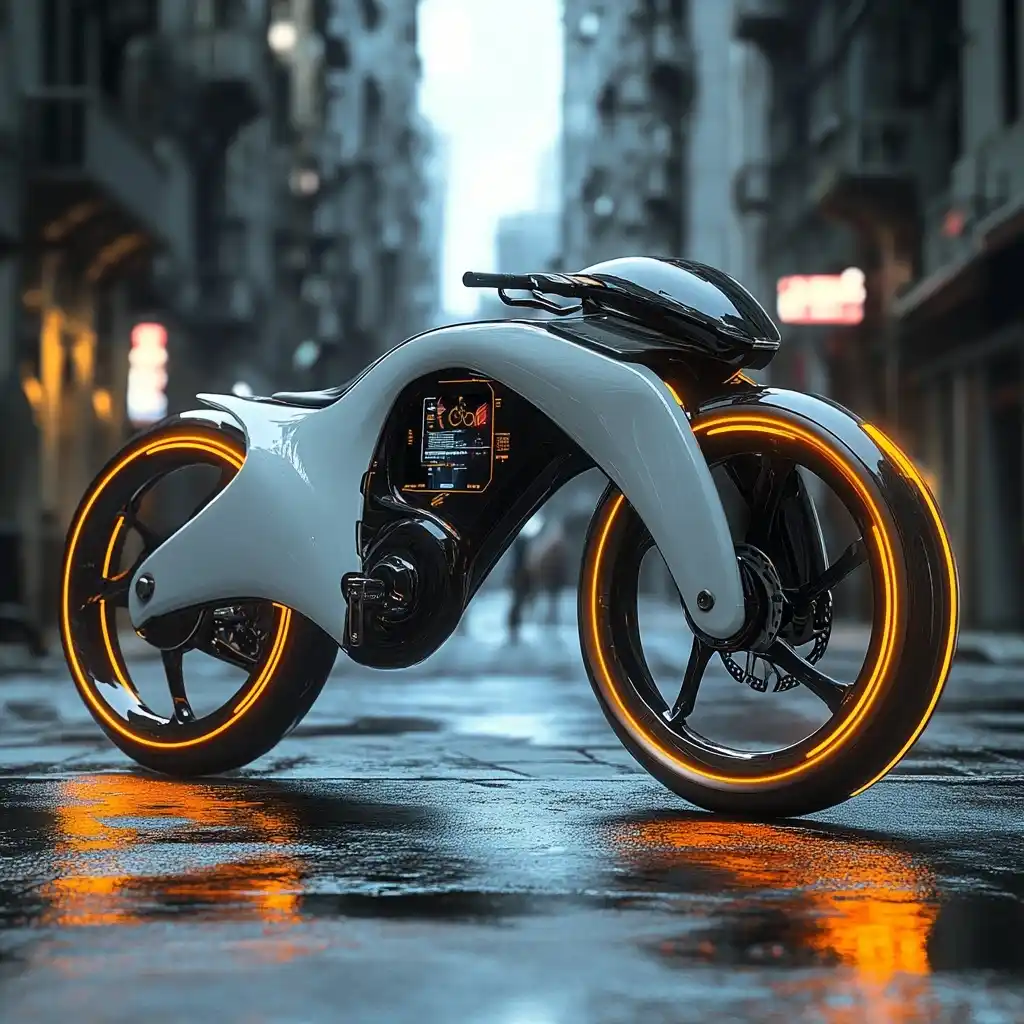 Futuristic Bicycle in Cityscape Midjourney提示词