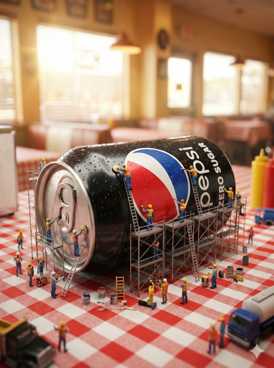 Miniature Construction Crew on Giant Pepsi Can in Diner Scene Nano Banana提示词