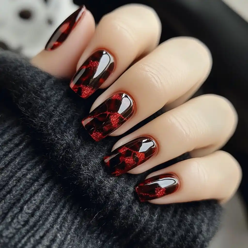 Tortoiseshell Nails in Red Midjourney提示词