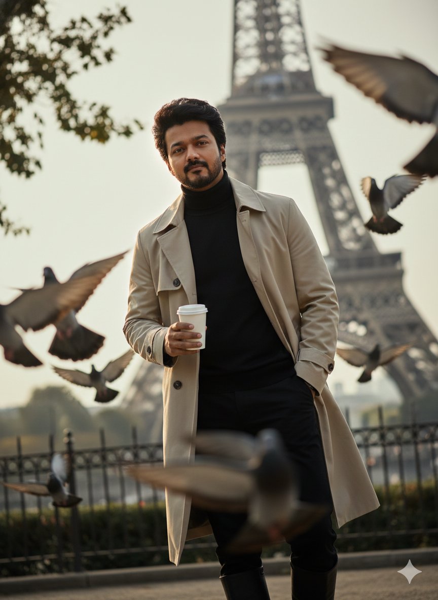 Stylish Man in Trench Coat with Eiffel Tower & Pigeons Nano Banana提示词