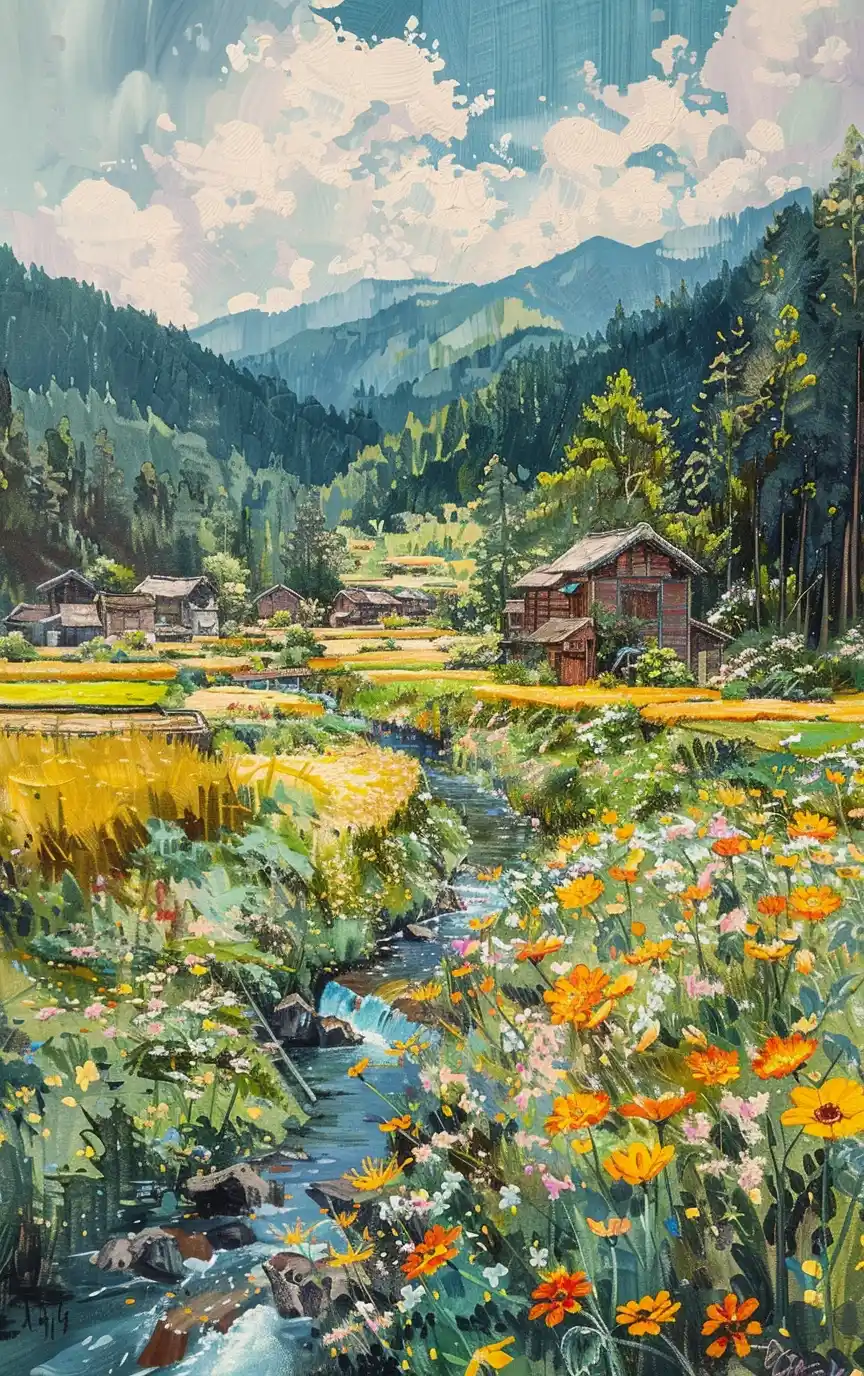 Japanese Valley Impressionistic Cosmos Midjourney提示词