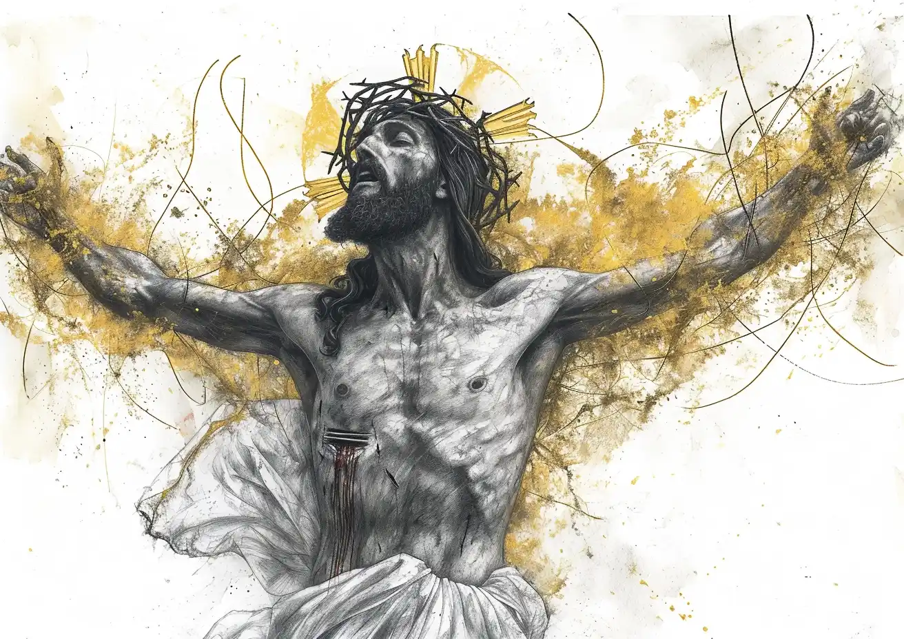 Dynamic Jesus Gold Black Watercolor Midjourney提示词