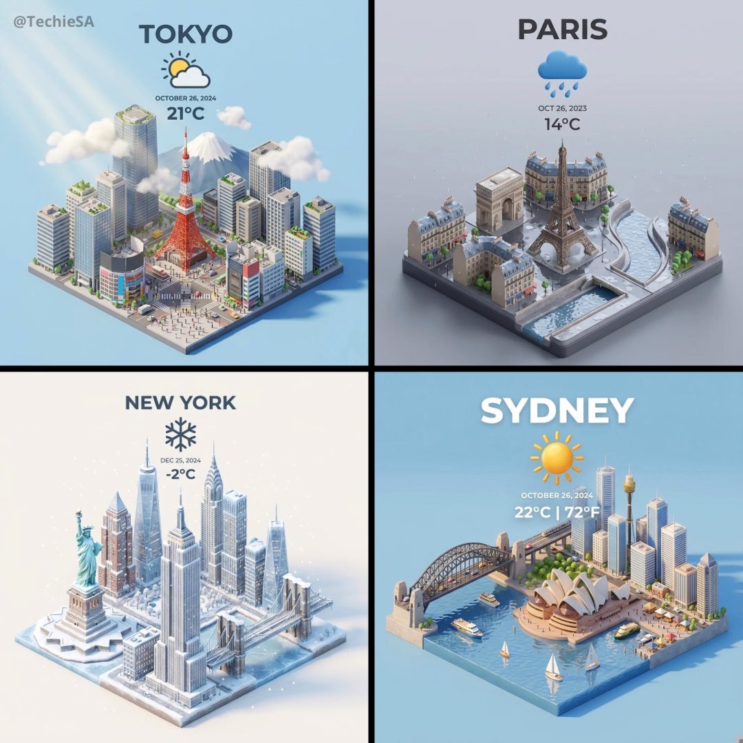 3D Render of Global Cities: Weather & Famous Landmarks Nano Banana提示词