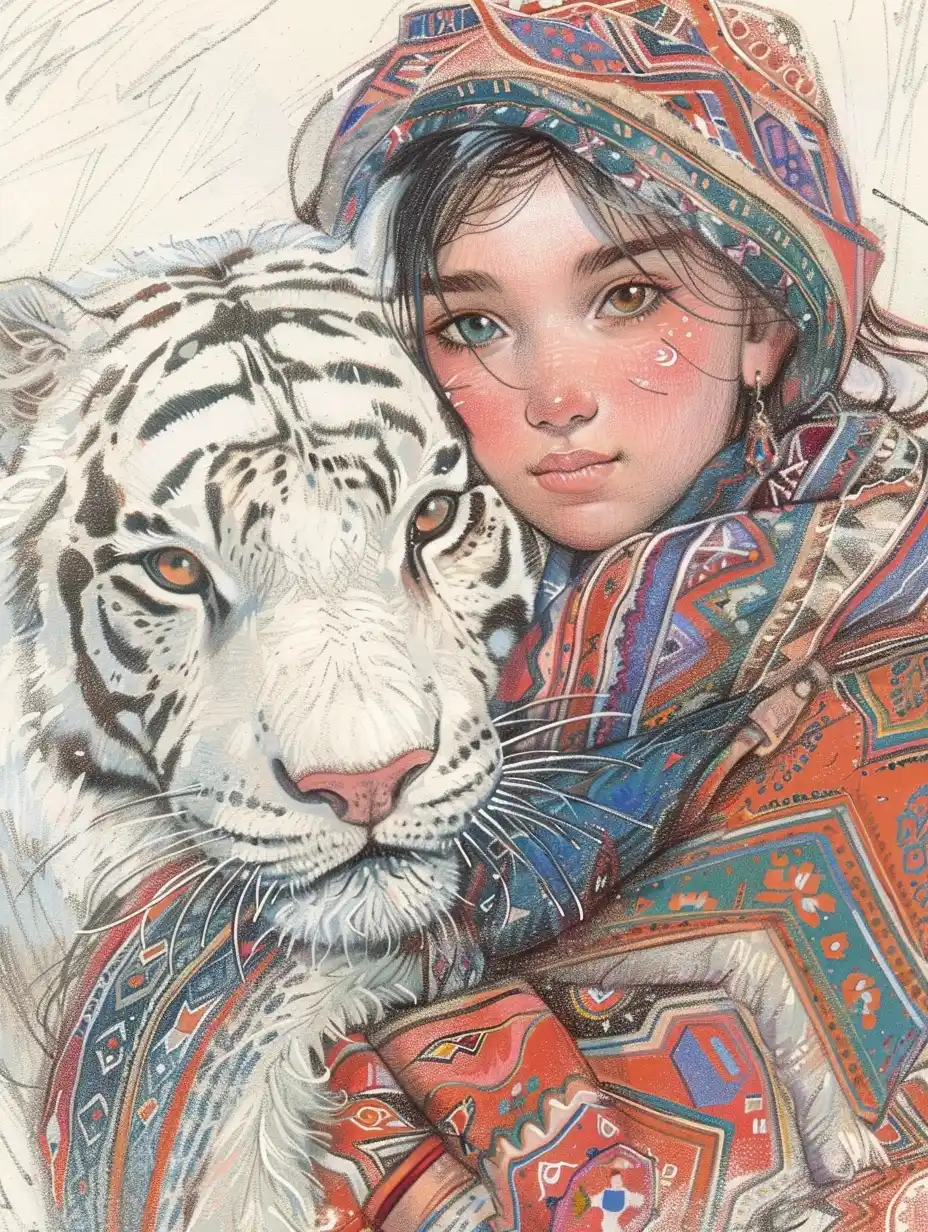 Rustic Kazakh Tiger Sketch Midjourney提示词