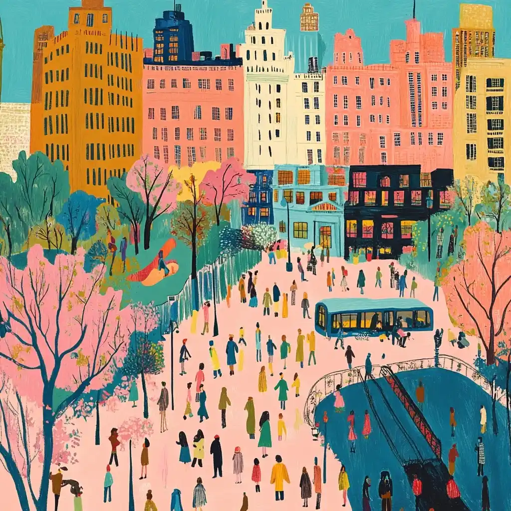 Quirky Spring in Central Park Midjourney提示词