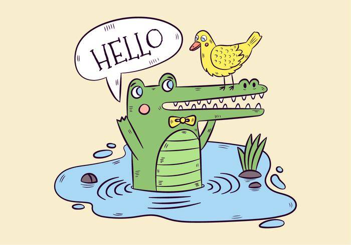 可爱的绿色鳄鱼和黄色鸭子讲话泡泡