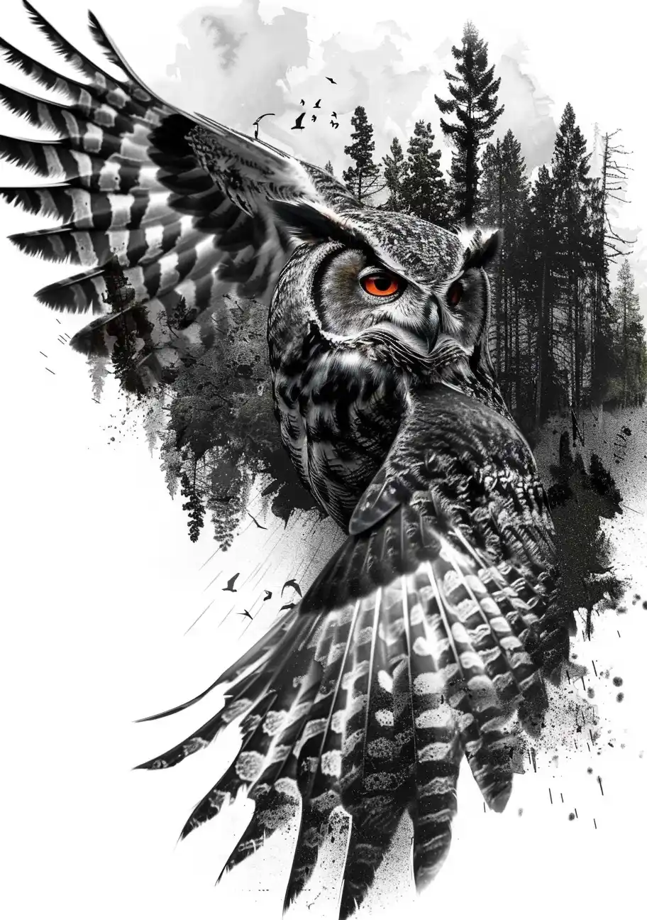 Realistic Owl Forest Tattoo Midjourney提示词