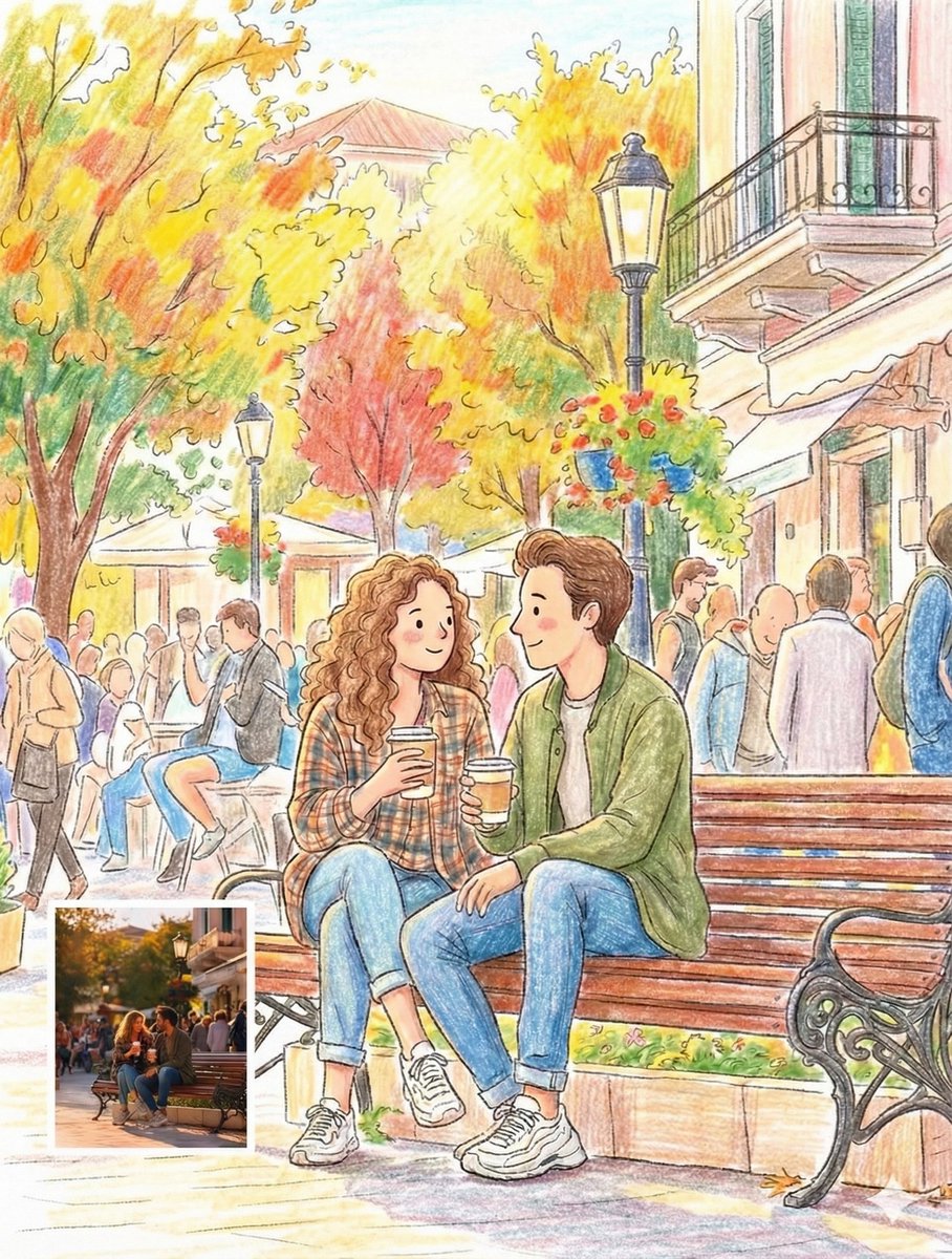 Cozy Autumn Couple Illustration in City Street Scene Nano Banana提示词
