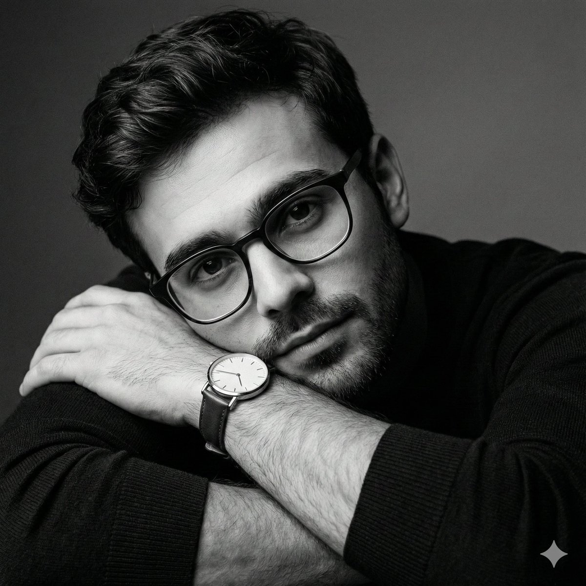 Monochrome Portrait of Man with Glasses & Watch Nano Banana提示词