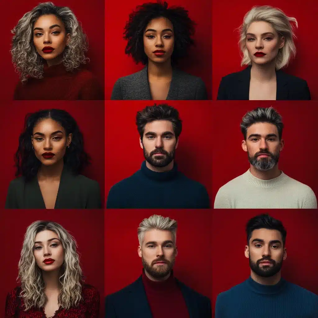 Diverse Portraits on Red Midjourney提示词