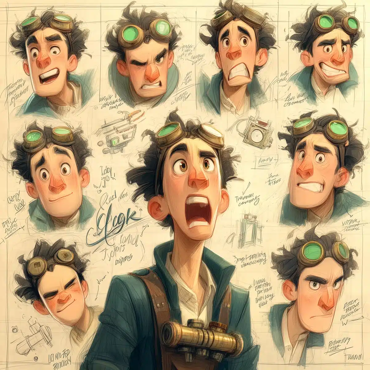 Steampunk Mechanic Expression Sheet Midjourney提示词