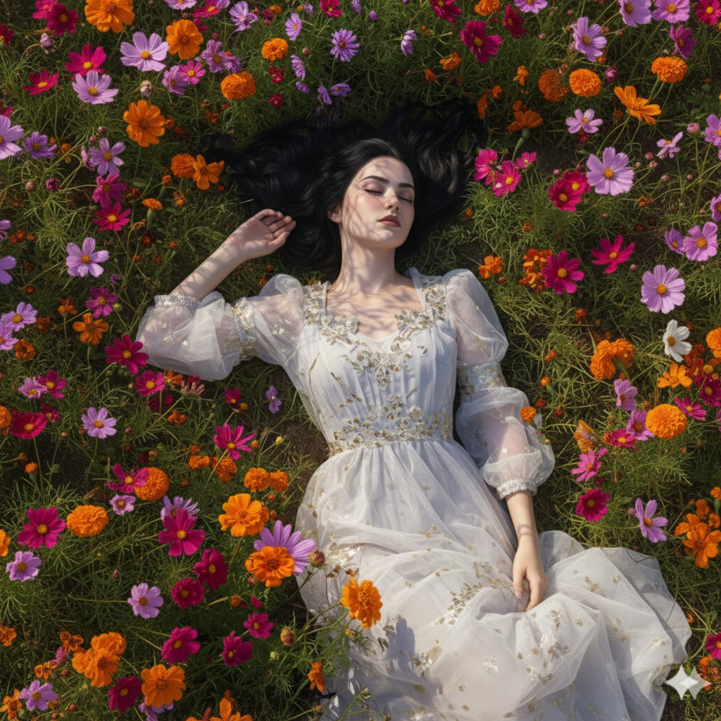 Serene Woman in Colorful Flower Field - Ethereal Portrait Nano Banana提示词