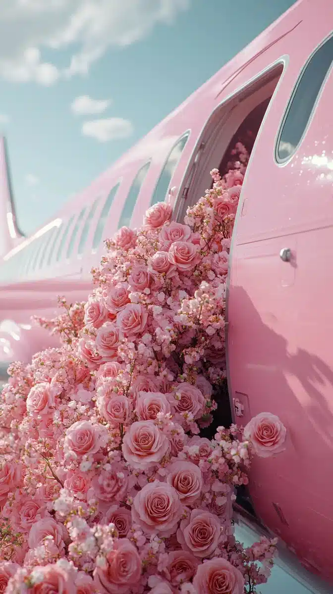 Pink Airplane with Roses Midjourney提示词