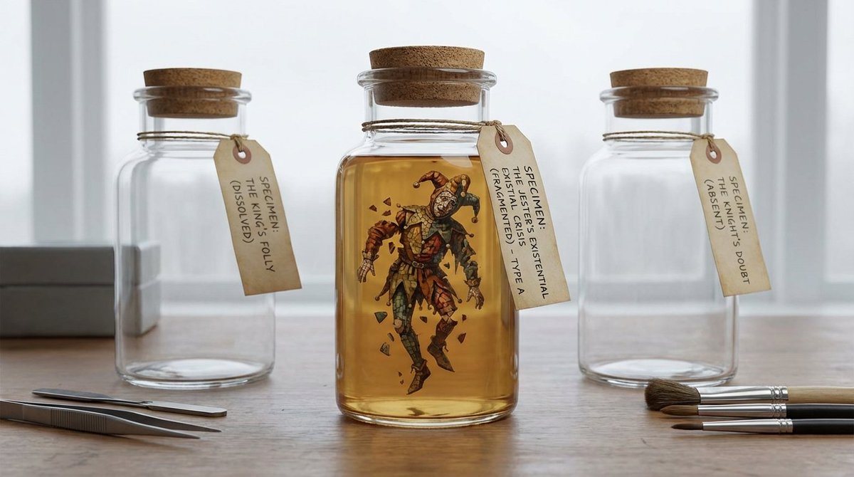 Conceptual Art: Jester's Existential Crisis Specimen Jars Nano Banana提示词