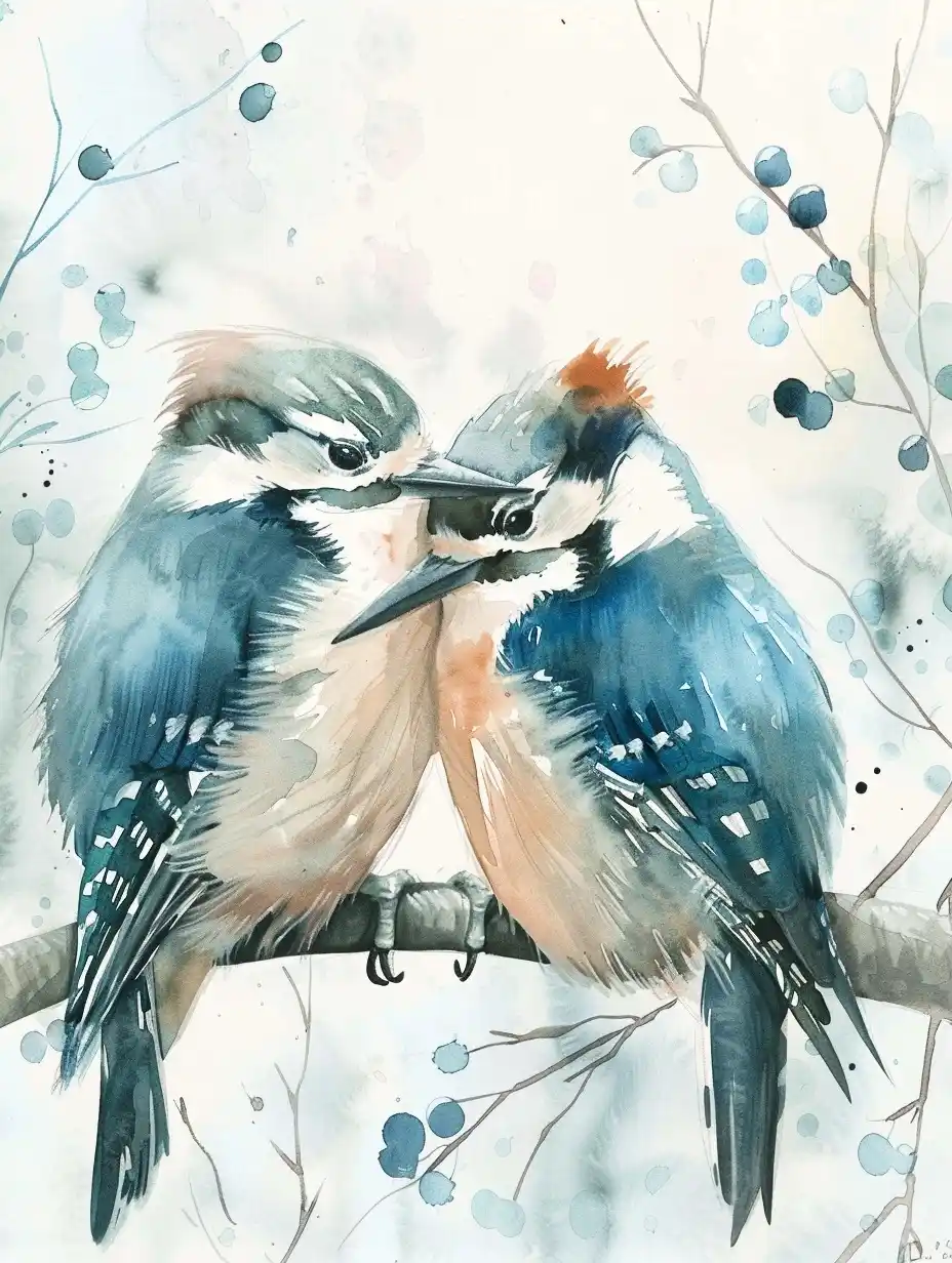 Scandinavian Woodpeckers Watercolor Midjourney提示词