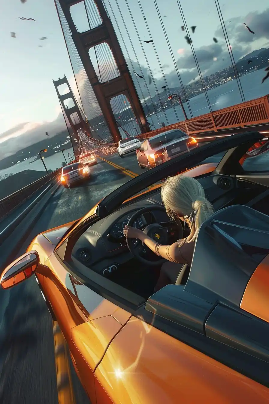 Action Car Chase on Bridge Midjourney提示词