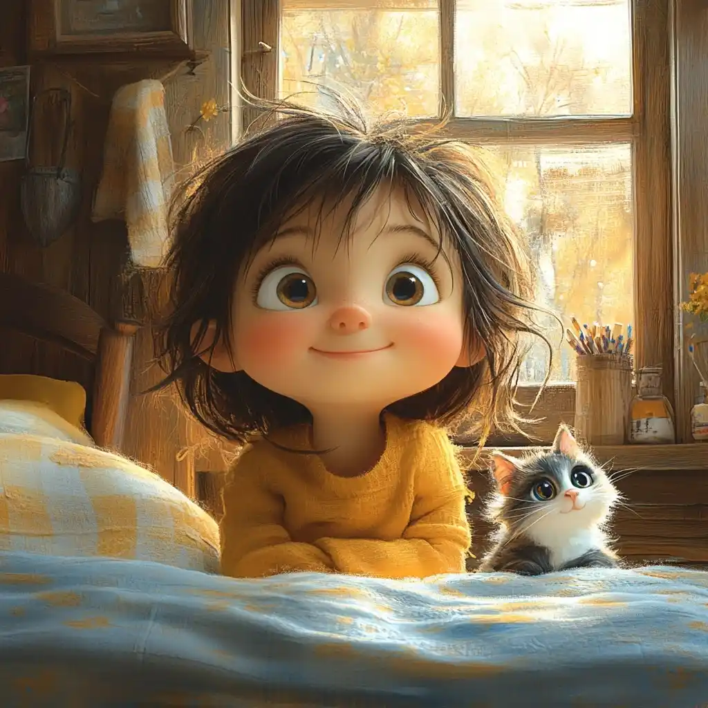 Whimsical Girl in Bedroom Midjourney提示词