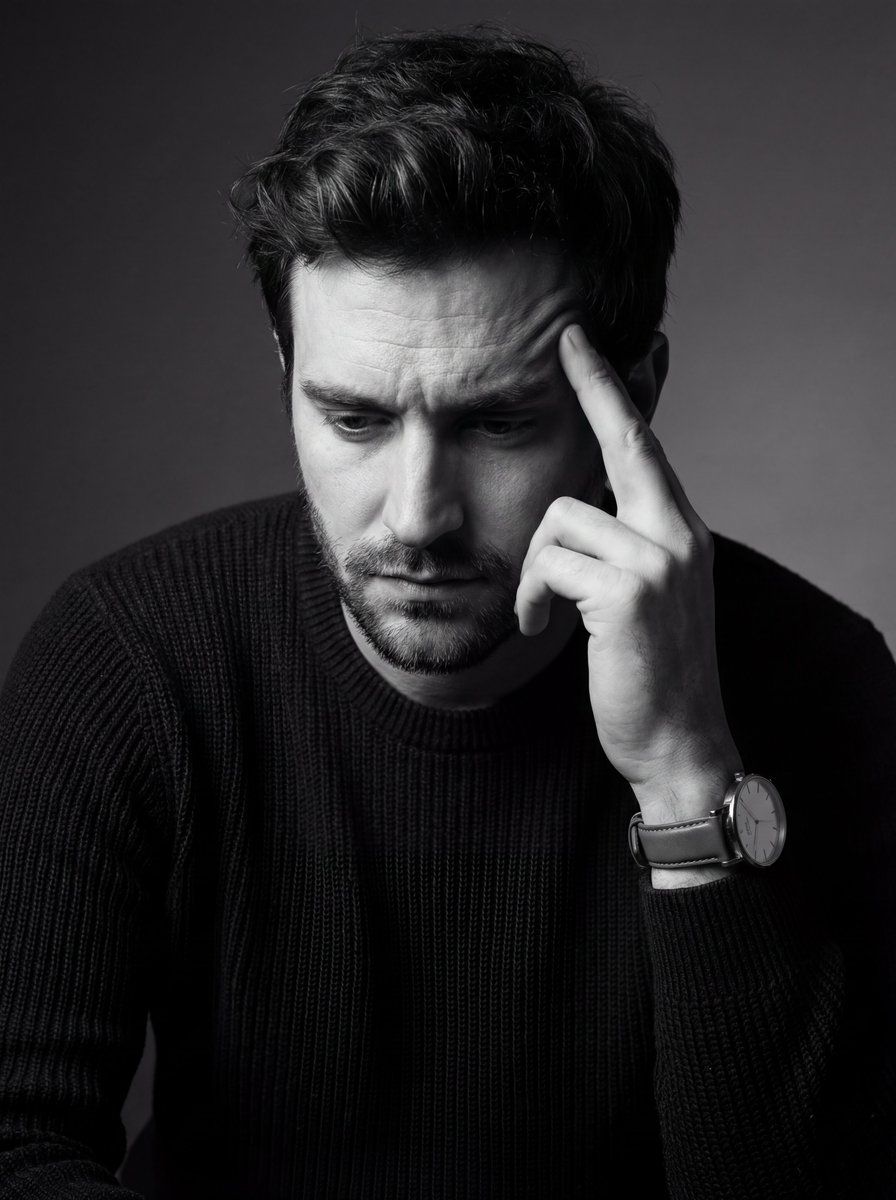 Pensive Man Black and White Portrait | Thoughtful Studio Shot Nano Banana提示词