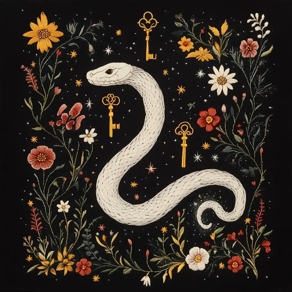 Embroidered Snake Tarot Print Midjourney提示词