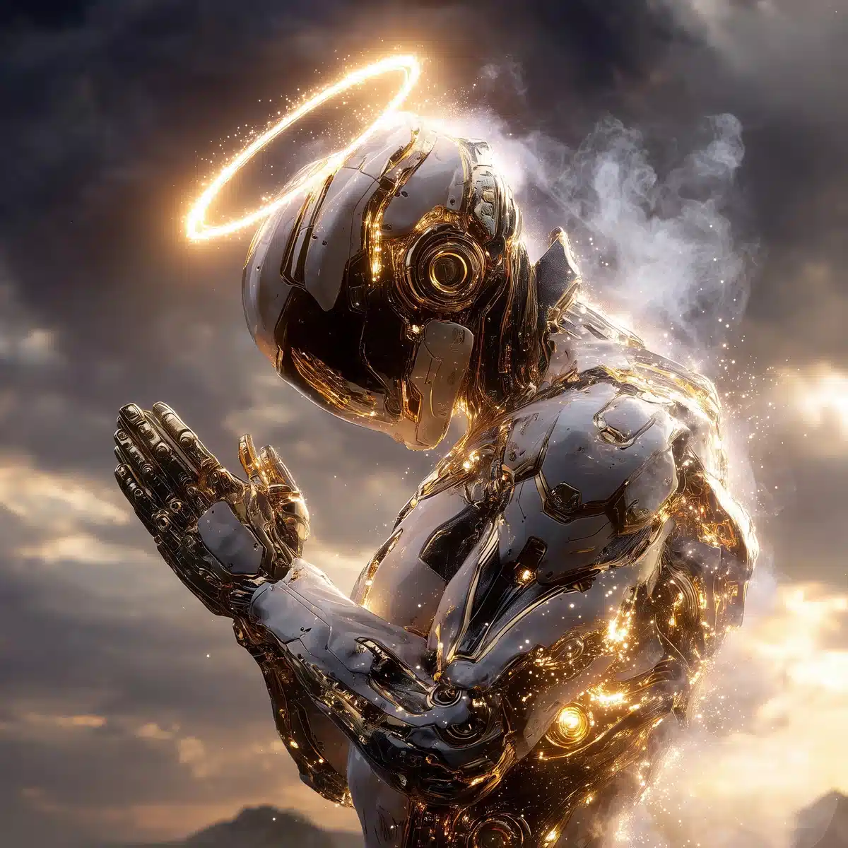 Angelic Robot on Mount Cutlass Midjourney提示词