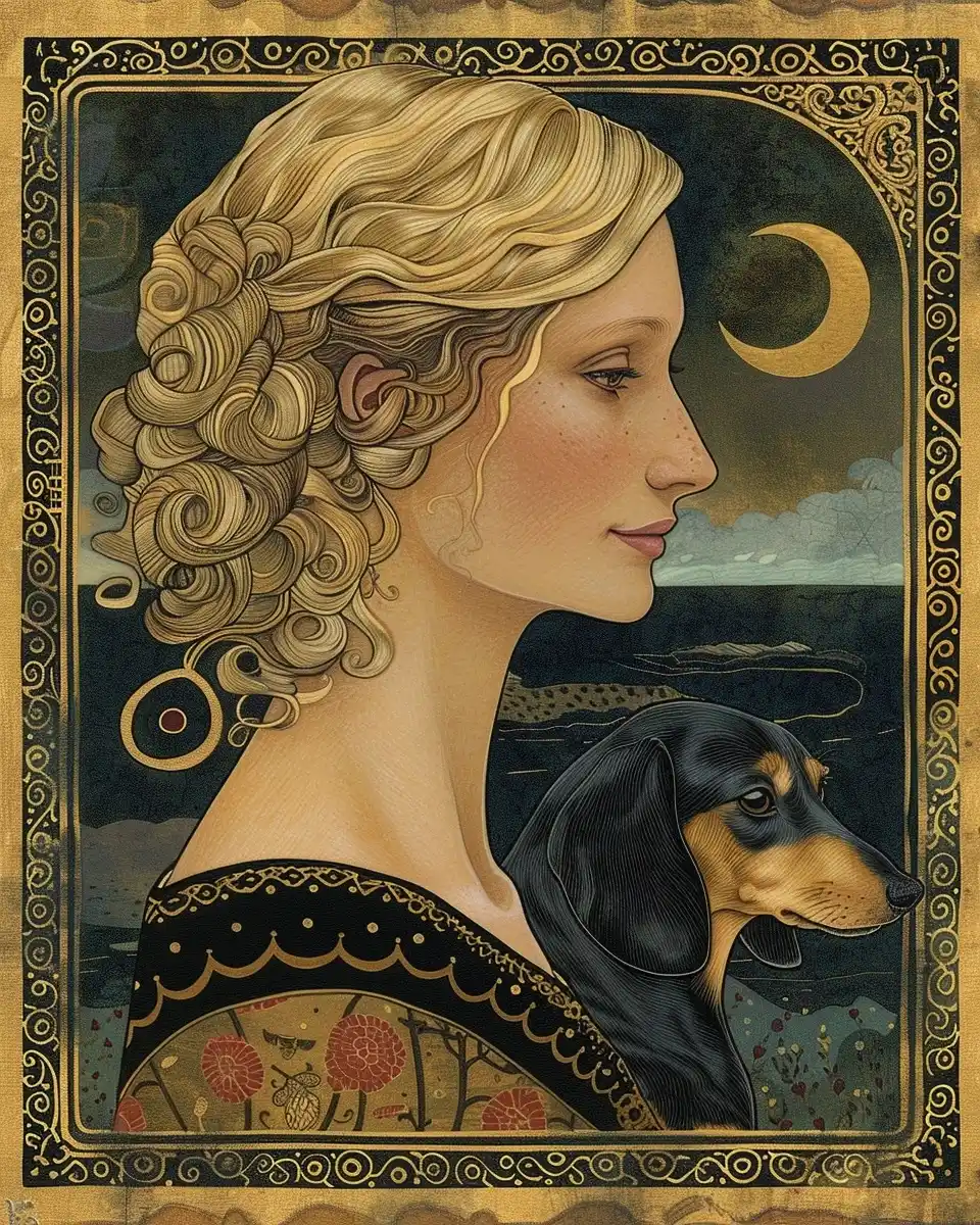 Tarot Blonde with Dachshund Midjourney 提示词生成效果