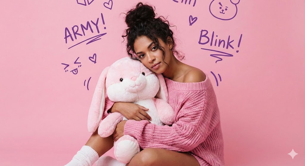 K-Pop Fan Woman Hugging Bunny Plush | Pink Studio Portrait Nano Banana提示词