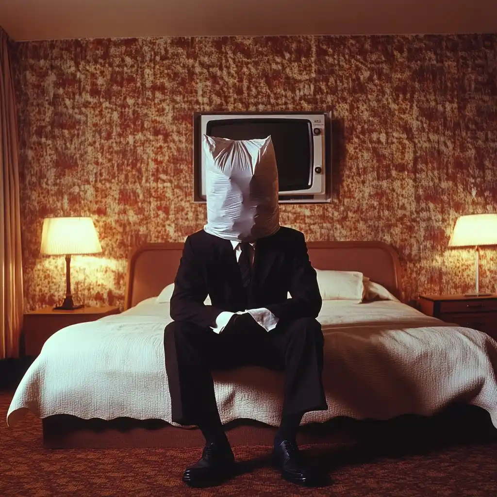 Melancholic Man in Motel Midjourney提示词
