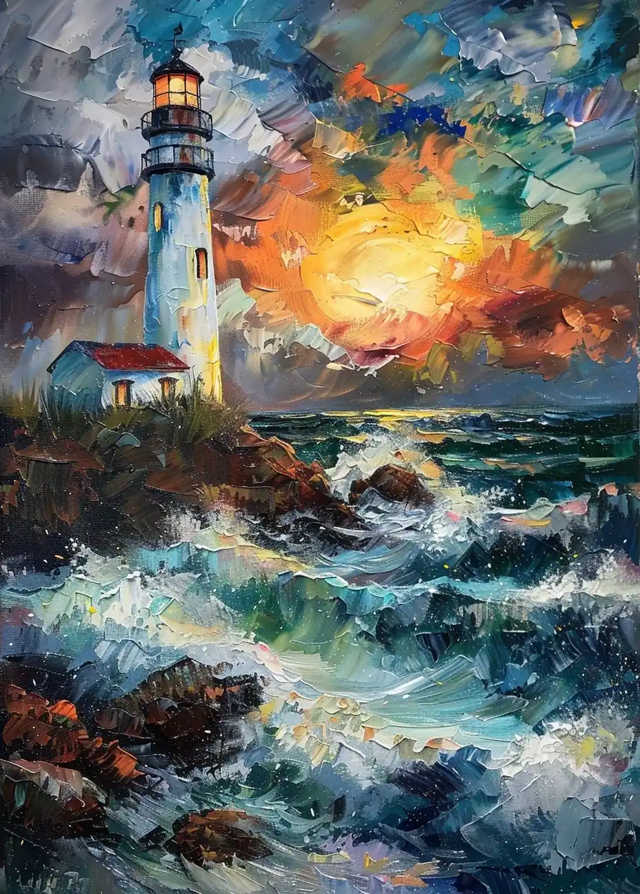Van Gogh-Inspired Lighthouse Midjourney提示词