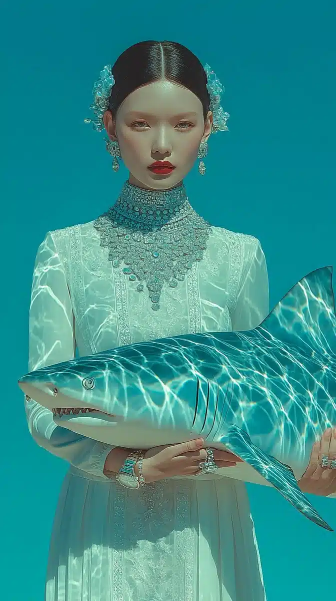 Surrealist Fashionista with Shark Midjourney提示词
