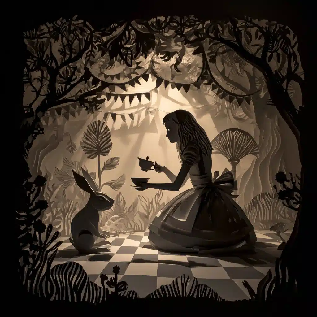 Surreal Paper Cut Alice Midjourney提示词