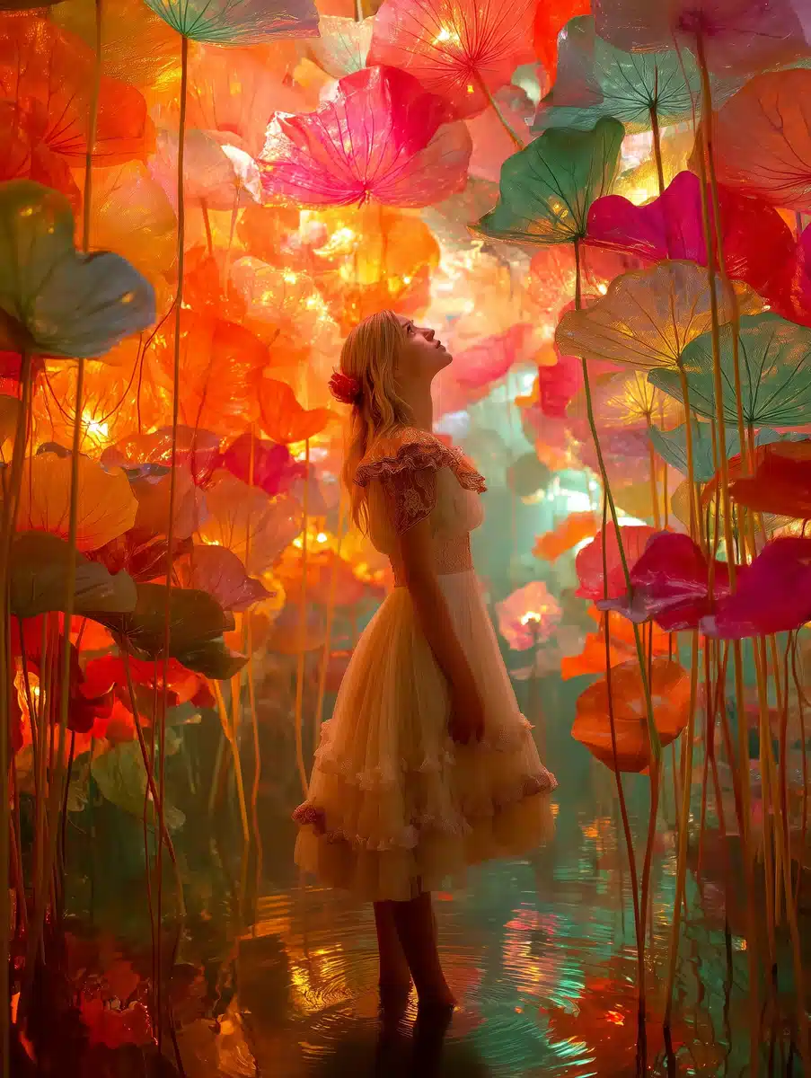 Surreal Lotus Forest Scene Midjourney提示词
