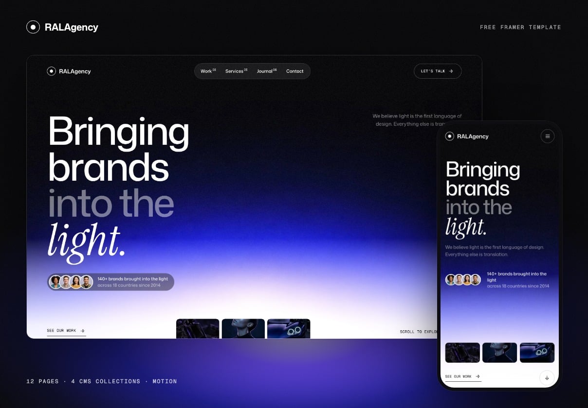 电影感创意代理商Framer模板（RALAgency），RALAgency - Cinematic Agency Framer Template