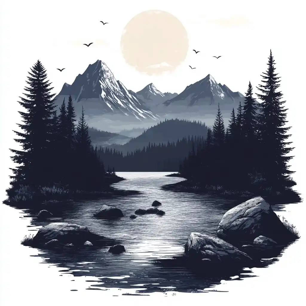Vector Line Art Landscape Midjourney提示词