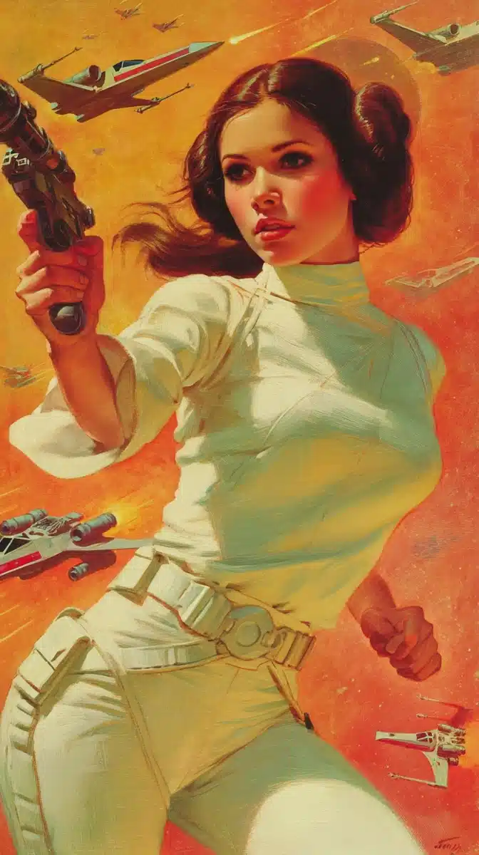 Retrofuturist Leia Battles Invaders Midjourney提示词